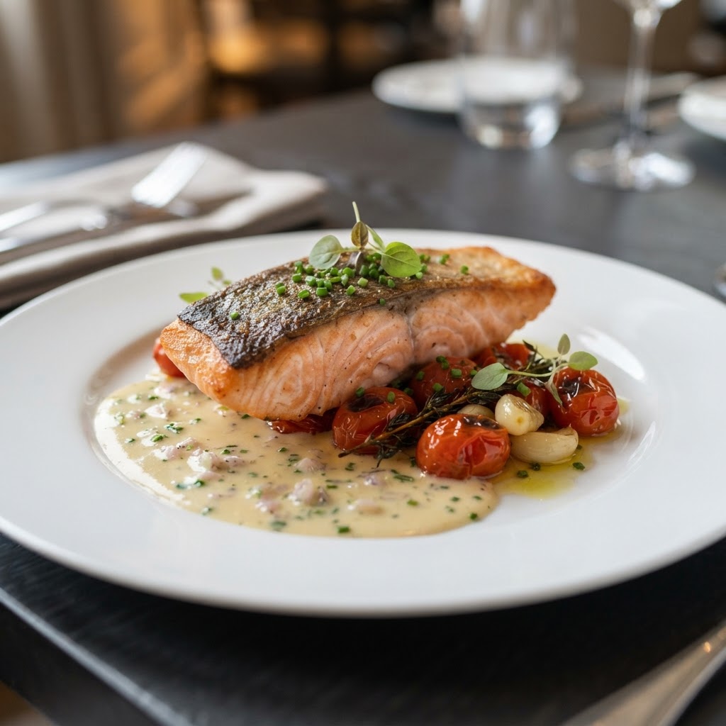 Pan-Seared Salmon with Tomato Confit & Beurre Blanc