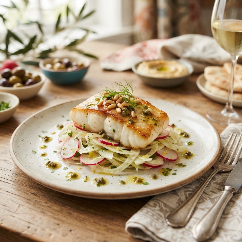 Pan-Seared Halibut with Lemon-Herb Vinaigrette and Shaved Fennel