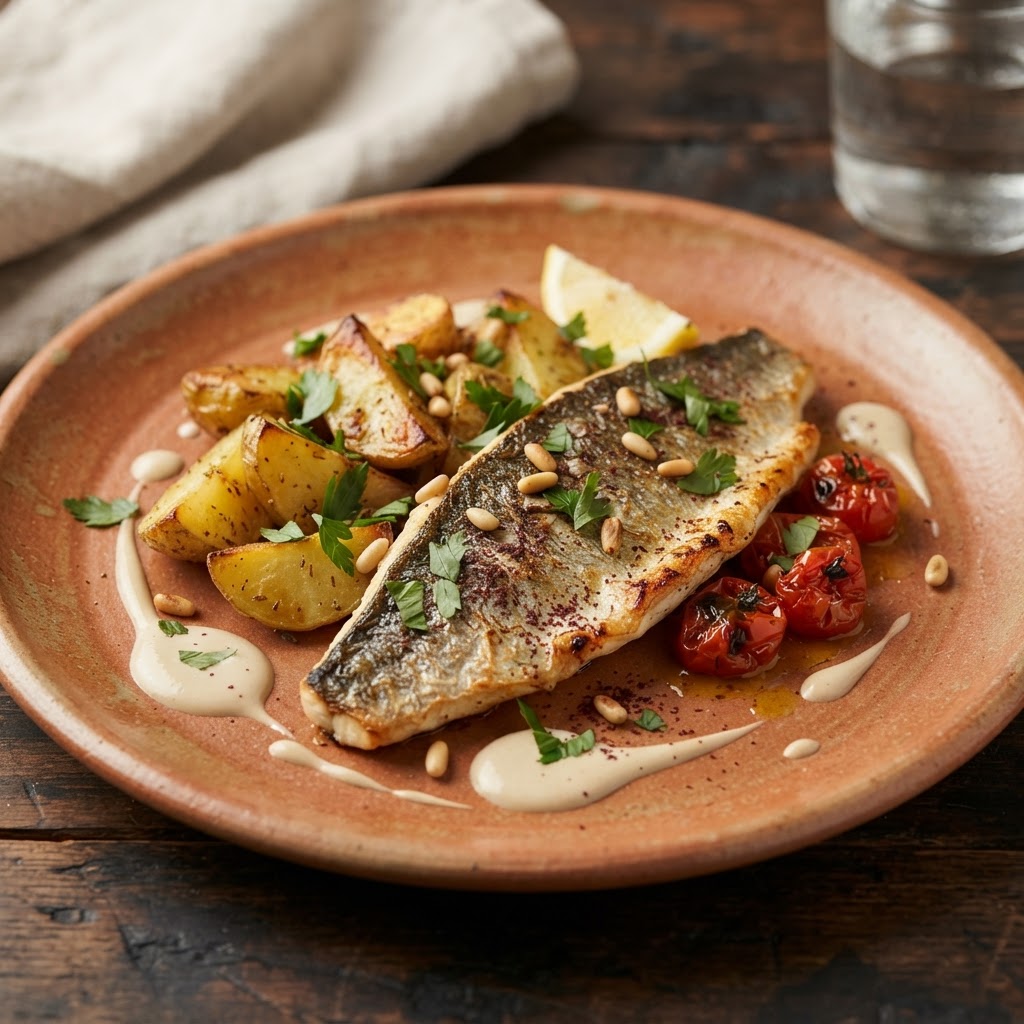 Roasted Branzino with Spiced Potato Wedges & Tahini-Lemon Sauce