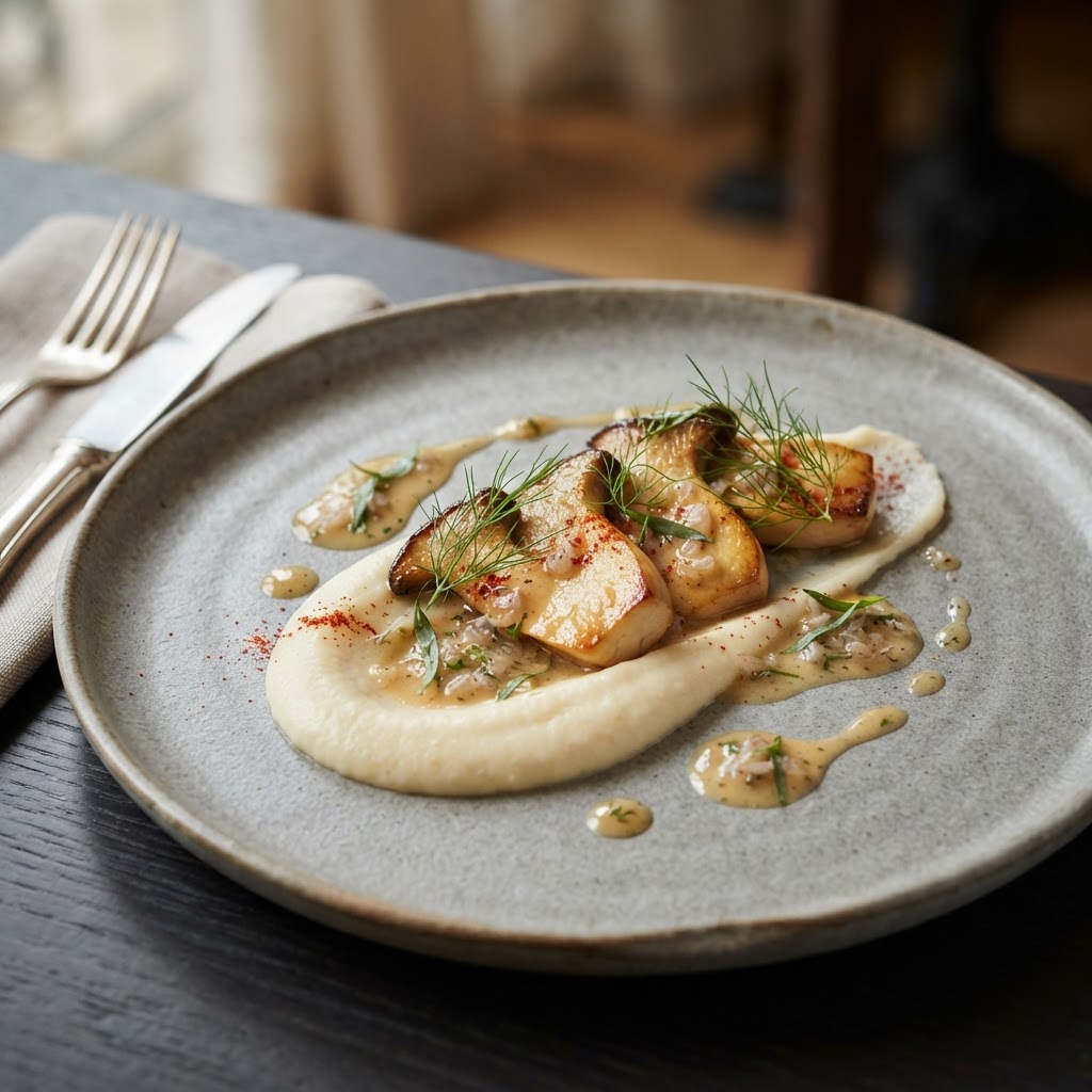 Pan-Seared King Oyster Mushroom Medallions with Dijon-Tarragon Cream and Celeriac Purée