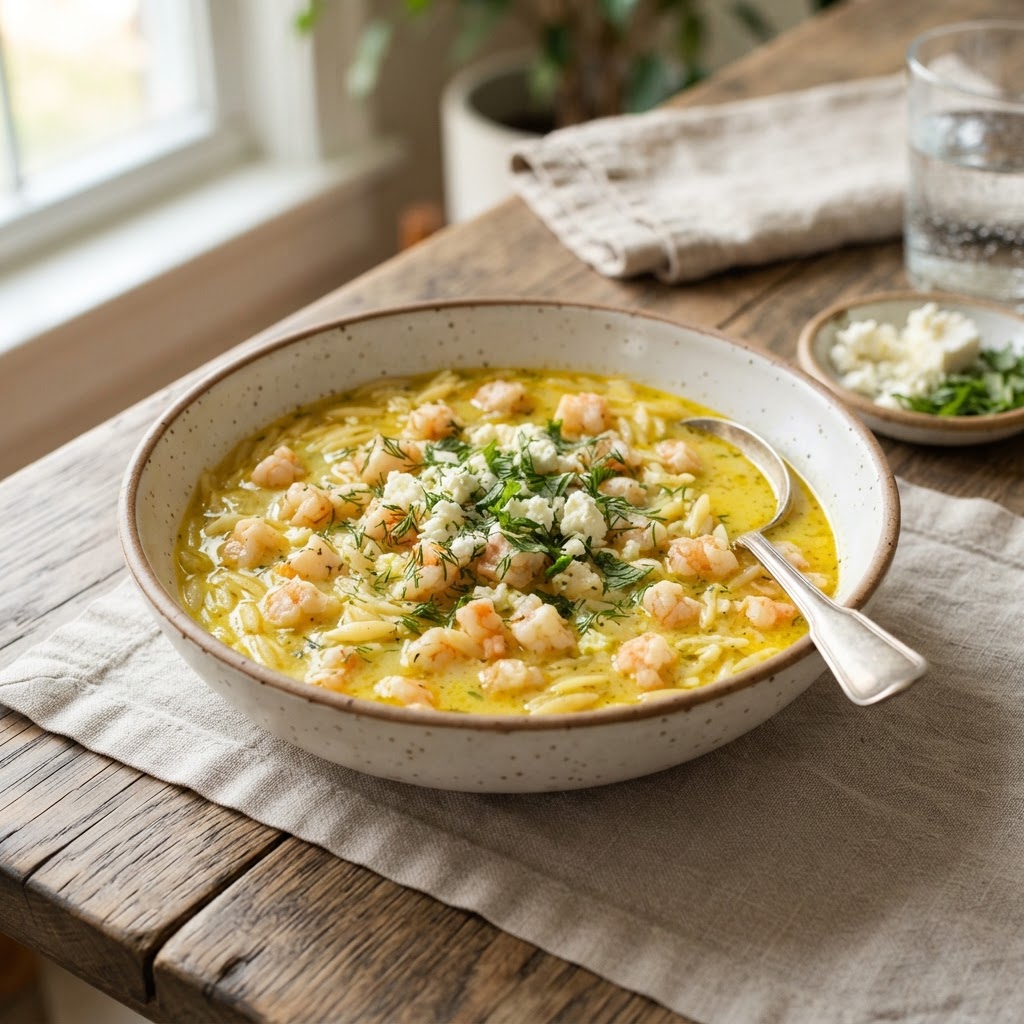 Lemon Orzo Soup with Poached Shrimp: A Coastal Greek Masterpiece