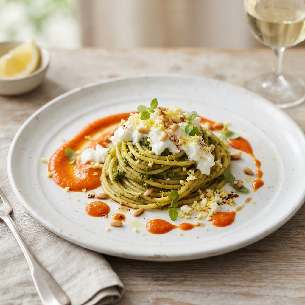 Spaghetti with Stracciatella, Sun-Dried Tomato Emulsion, and Pesto Genovese
