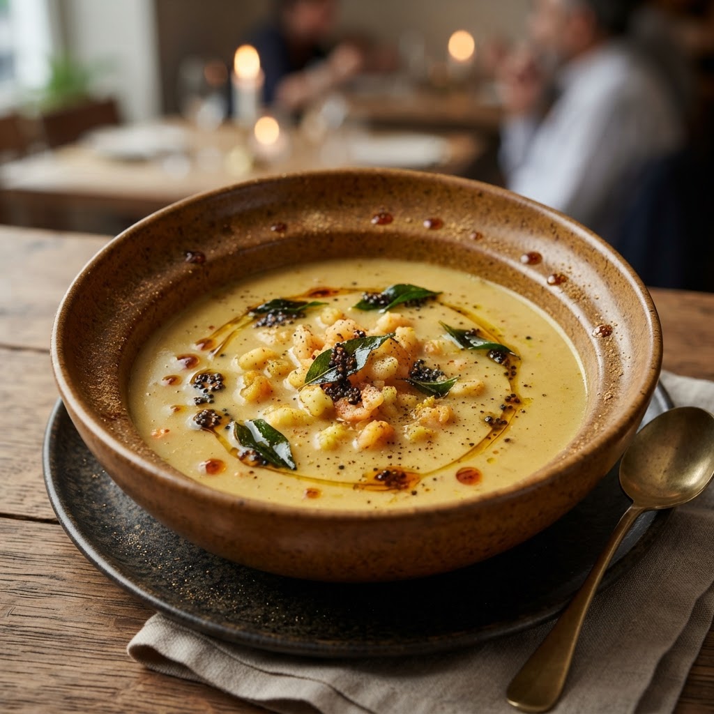 Velvety Coconut-Tamarind Poached Shrimp Soup with Curry Leaf Infused Oil