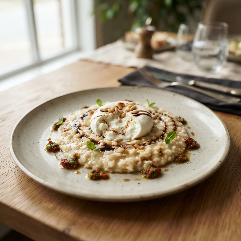 Arborio Risotto with Sun-Dried Tomato Pesto and Burrata