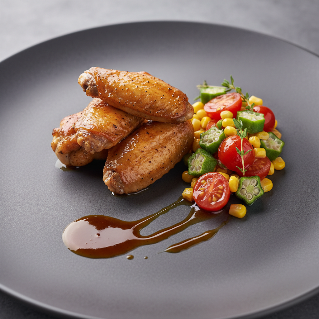 Smoky Chicken Wings with Okra, Tomatoes, and Corn