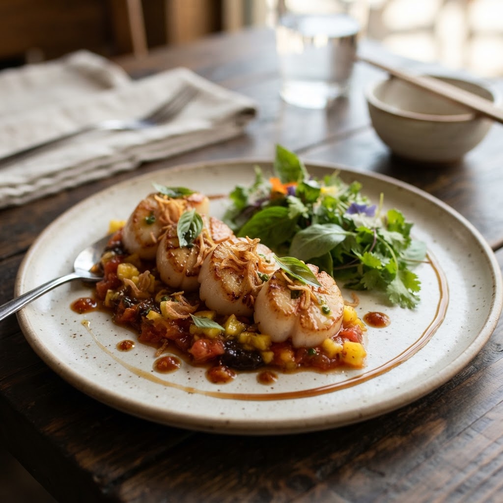 Pan-Seared Scallops with Tamarind-Tomato Reduction