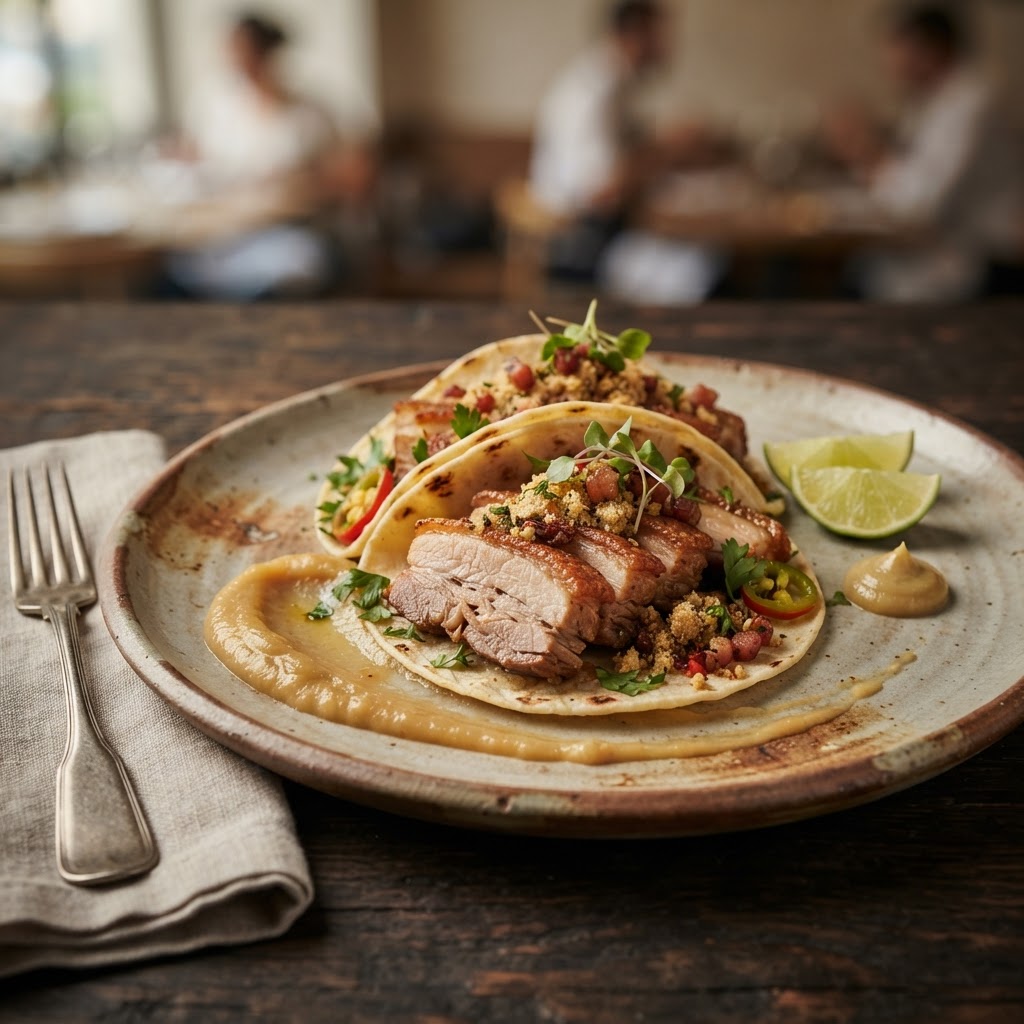 Crispy Pork Belly Tacos with Farofa-Bacon Reduction and Charred Onion Emulsion