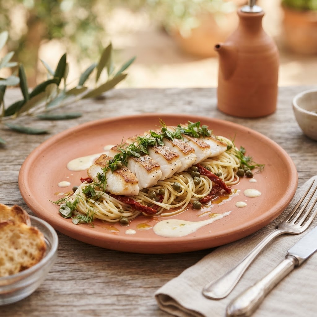 Pan-Seared Sea Bass with Lemon-Caper Rice Noodles