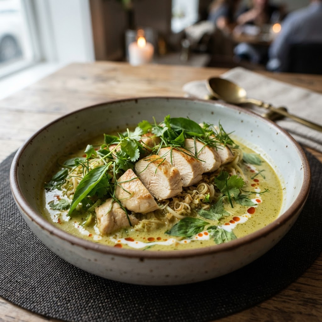 Poached Chicken with Lemongrass Vermicelli and Green Curry Sauce