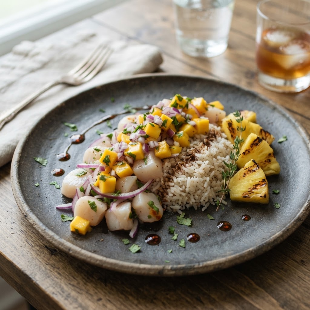 Caribbean Ceviche Scallops with Mango-Rum Salsa