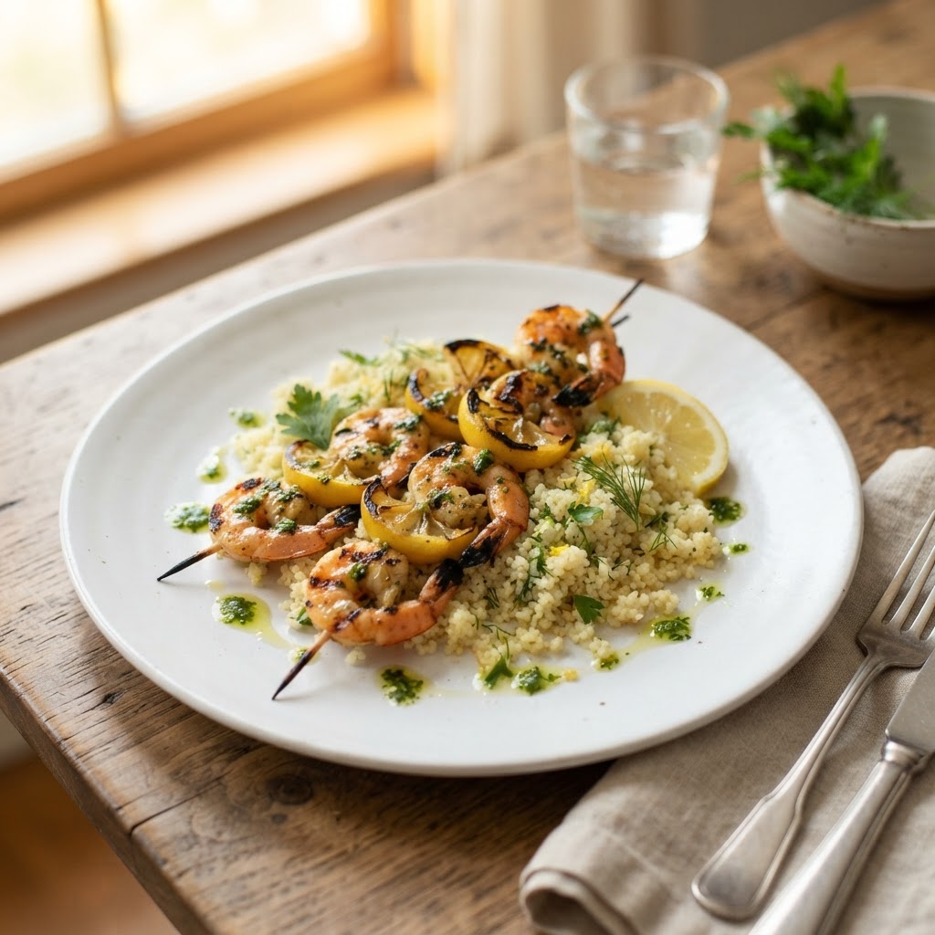 Lemon Herb Grilled Shrimp Skewers with Greek Couscous: 25-Min Dinner