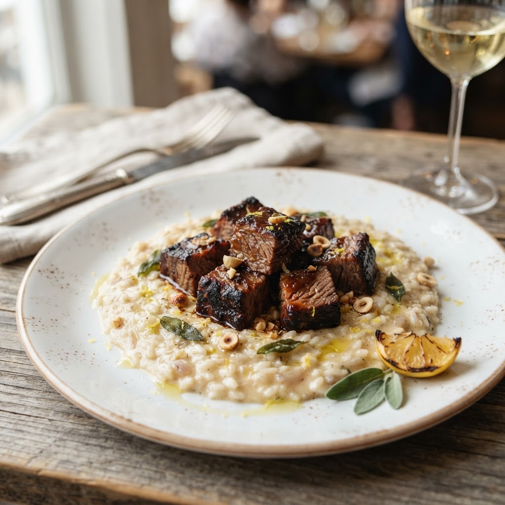 Elevated Beef Burnt Ends with Brown Butter Sage Risotto