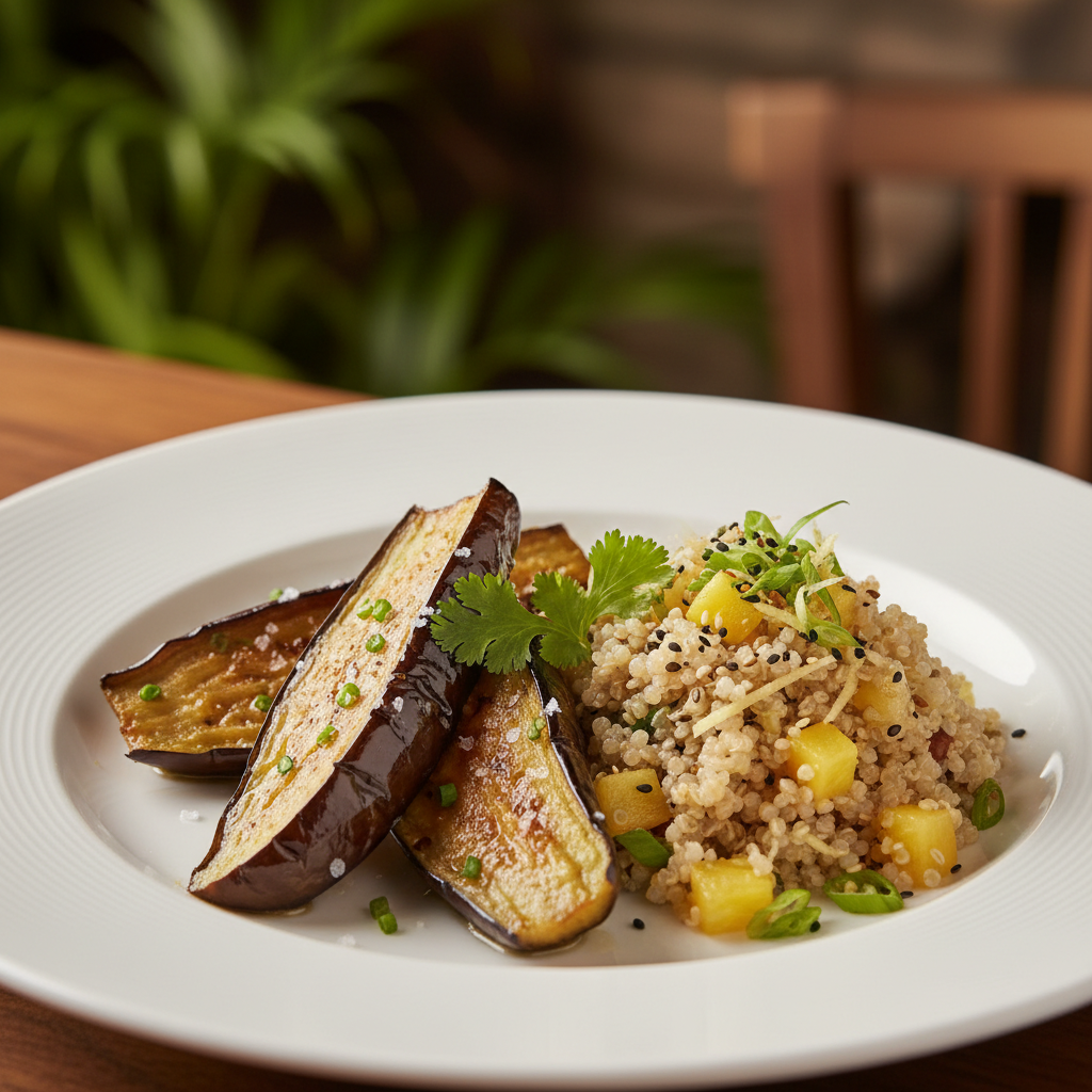 Miso Butter Roasted Eggplant with Pineapple Ginger Quinoa