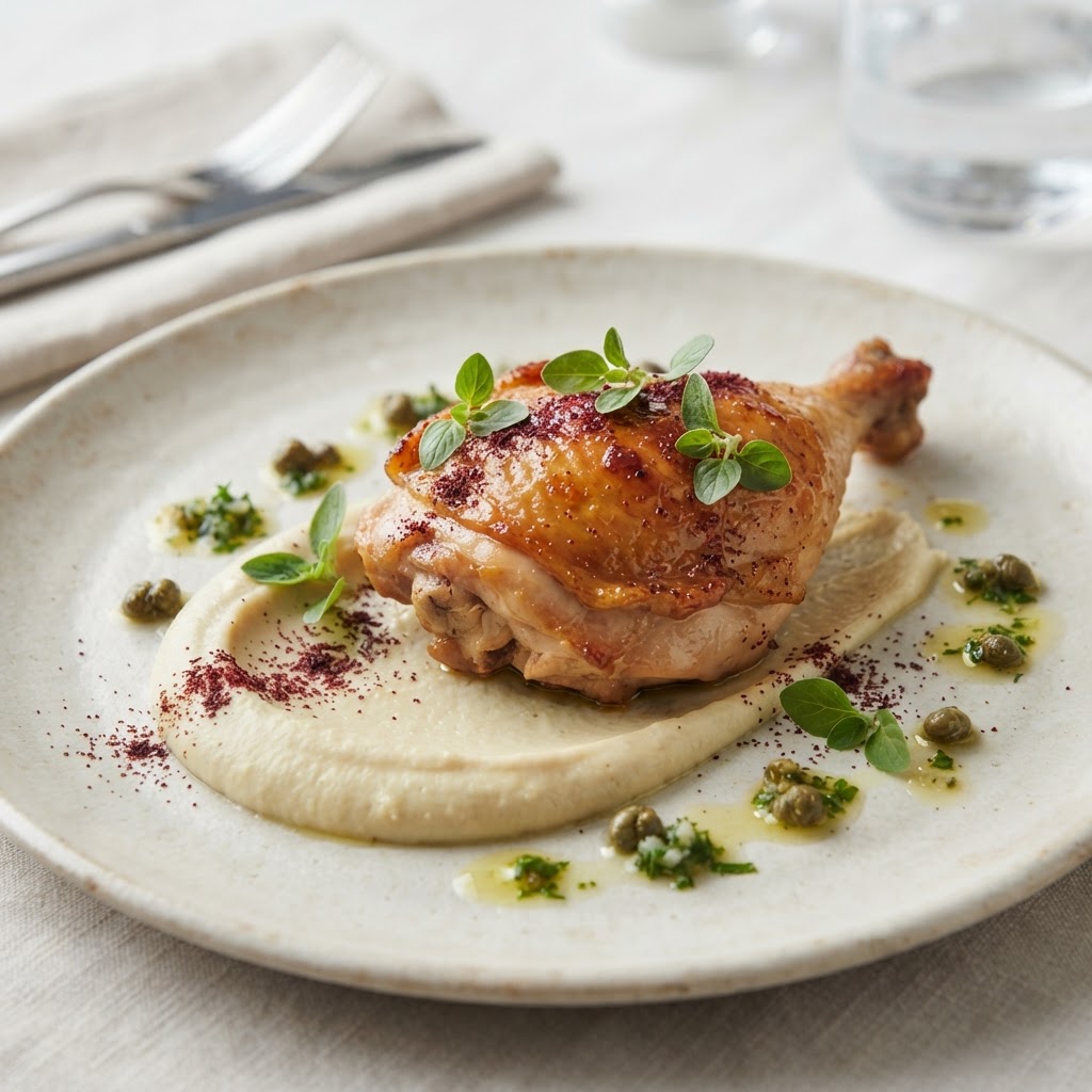 Glazed Roasted Chicken with Lemon-Caper Vinaigrette and Charred Artichoke Purée