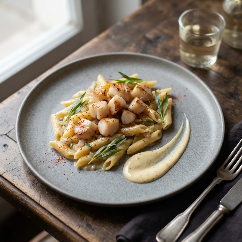 Pan-Seared Scallops with Dijon-Tarragon Penne