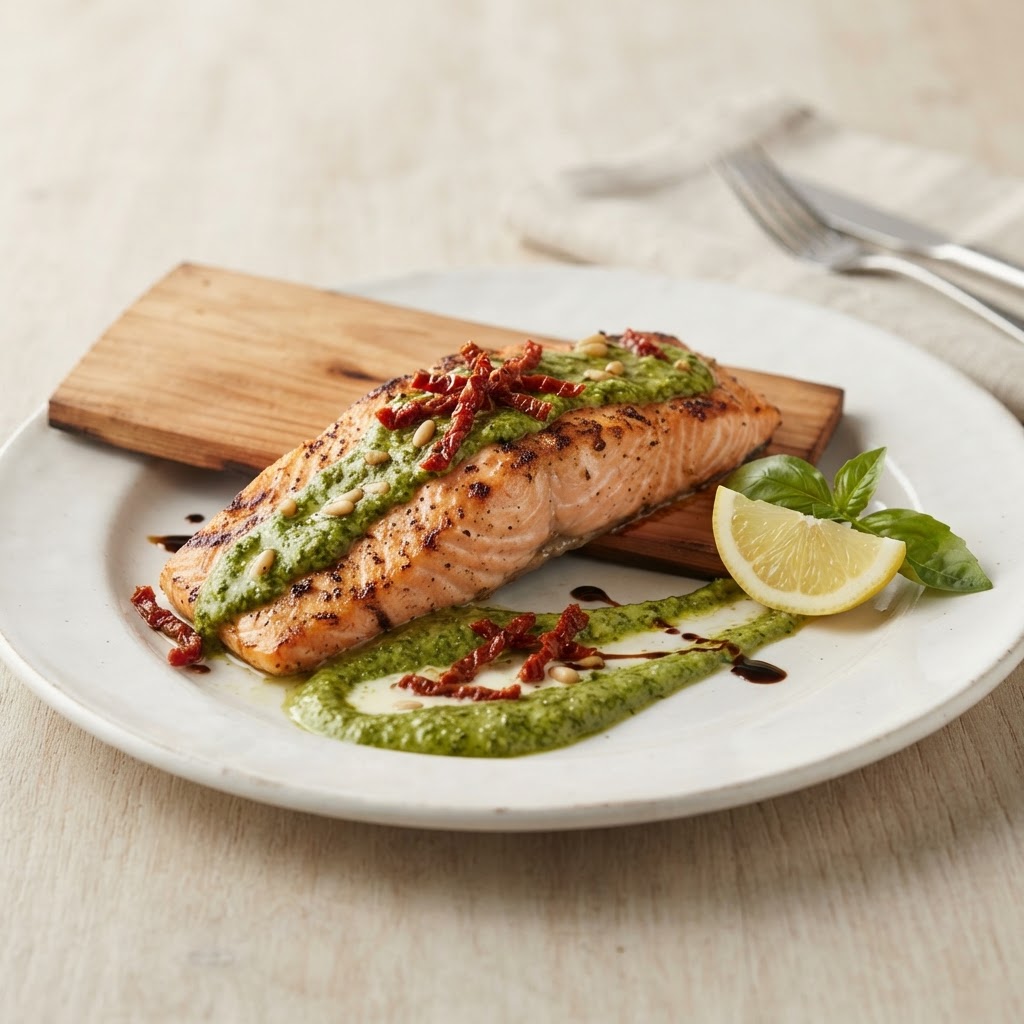 Cedar Plank Roasted Salmon with Pesto Genovese Cream