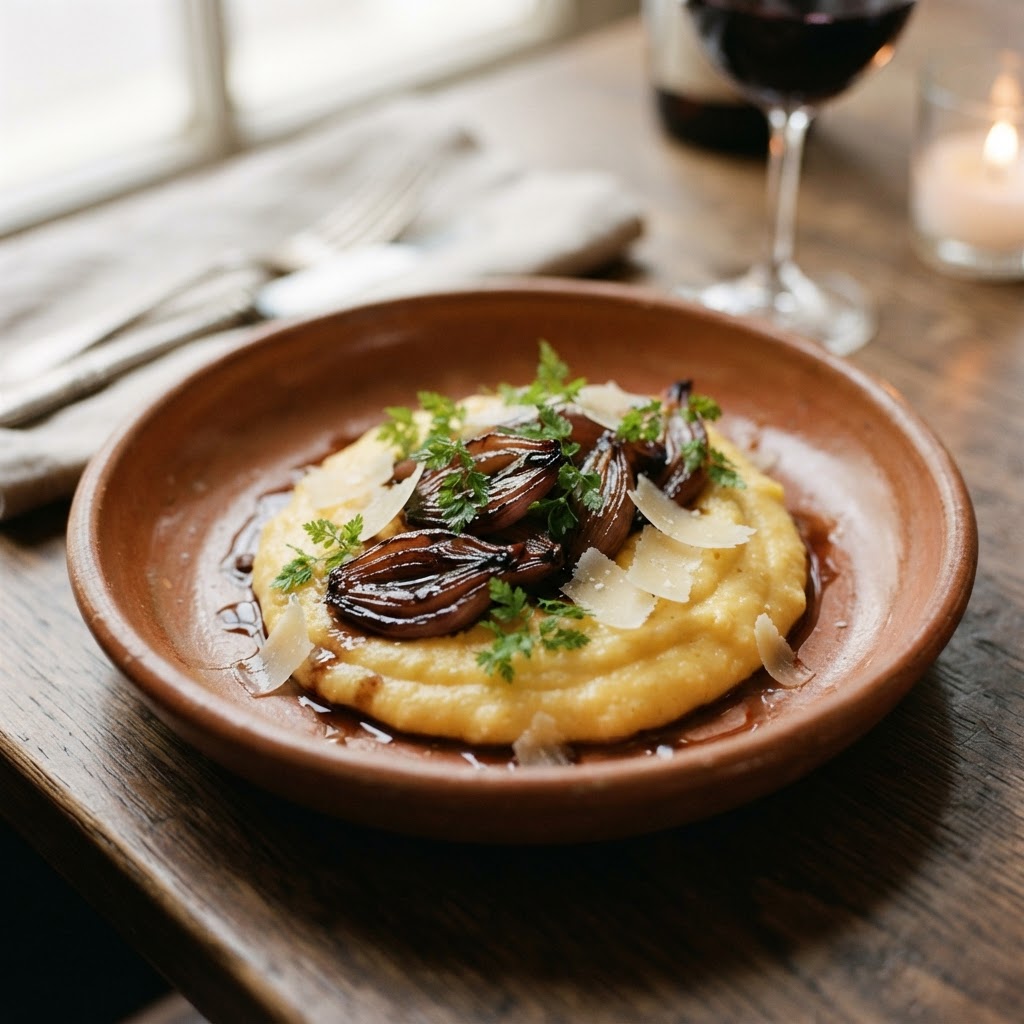 Creamy Comté Polenta with Red Wine Braised Shallots