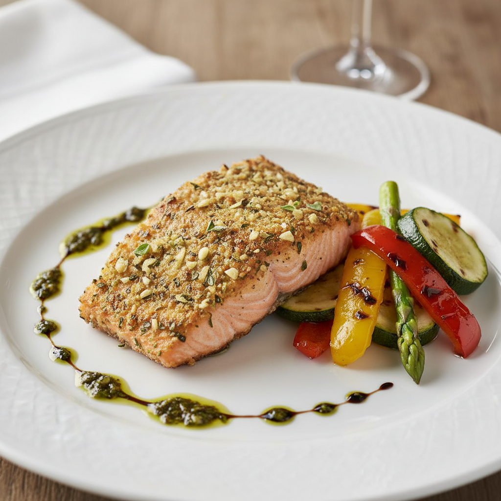 Rustic Herb-Crusted Salmon with Charred Vegetables