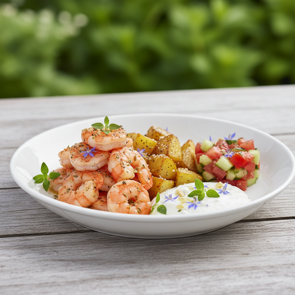 Lemon Oregano Shrimp with Roasted Potatoes & Tzatziki