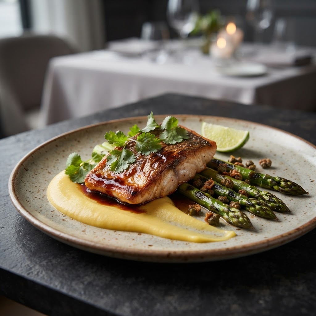 Pan-Seared Snapper with Rum-Caramel Glaze, Ginger-Potato Velouté, and Charred Asparagus