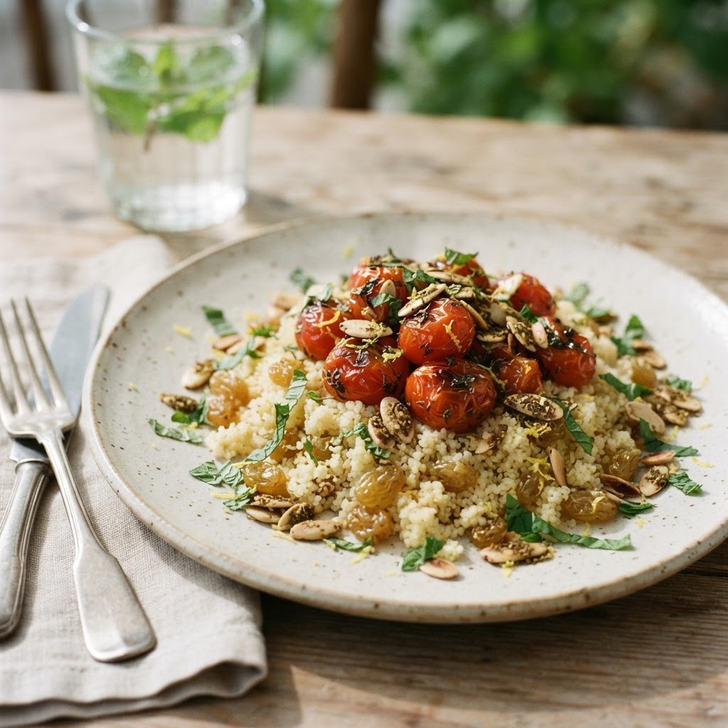 Herb-Roasted Couscous with Spiced Almonds and Lemon