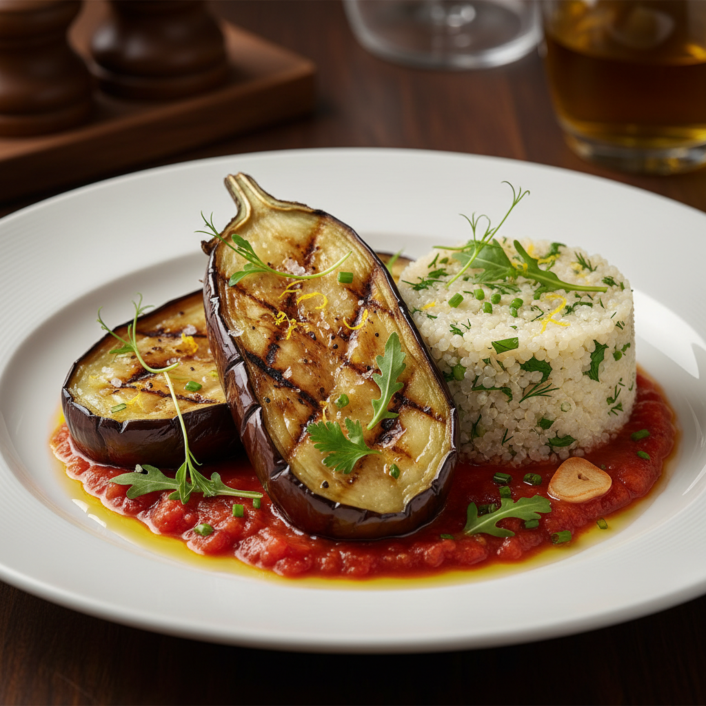 Zesty Grilled Eggplant & Herb Quinoa with Tomato Coulis