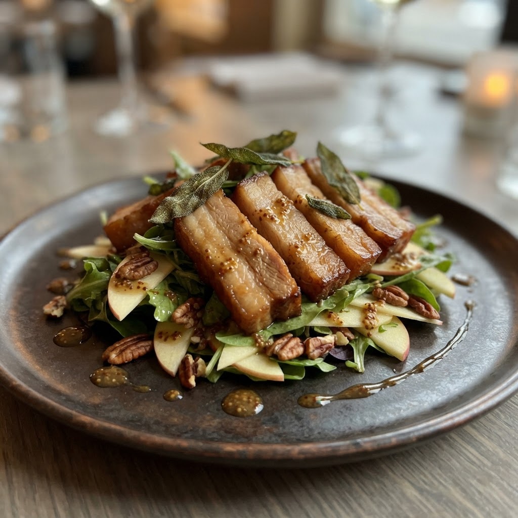 Apple Cider Braised Pork Belly Salad with Brown Butter Sage Vinaigrette