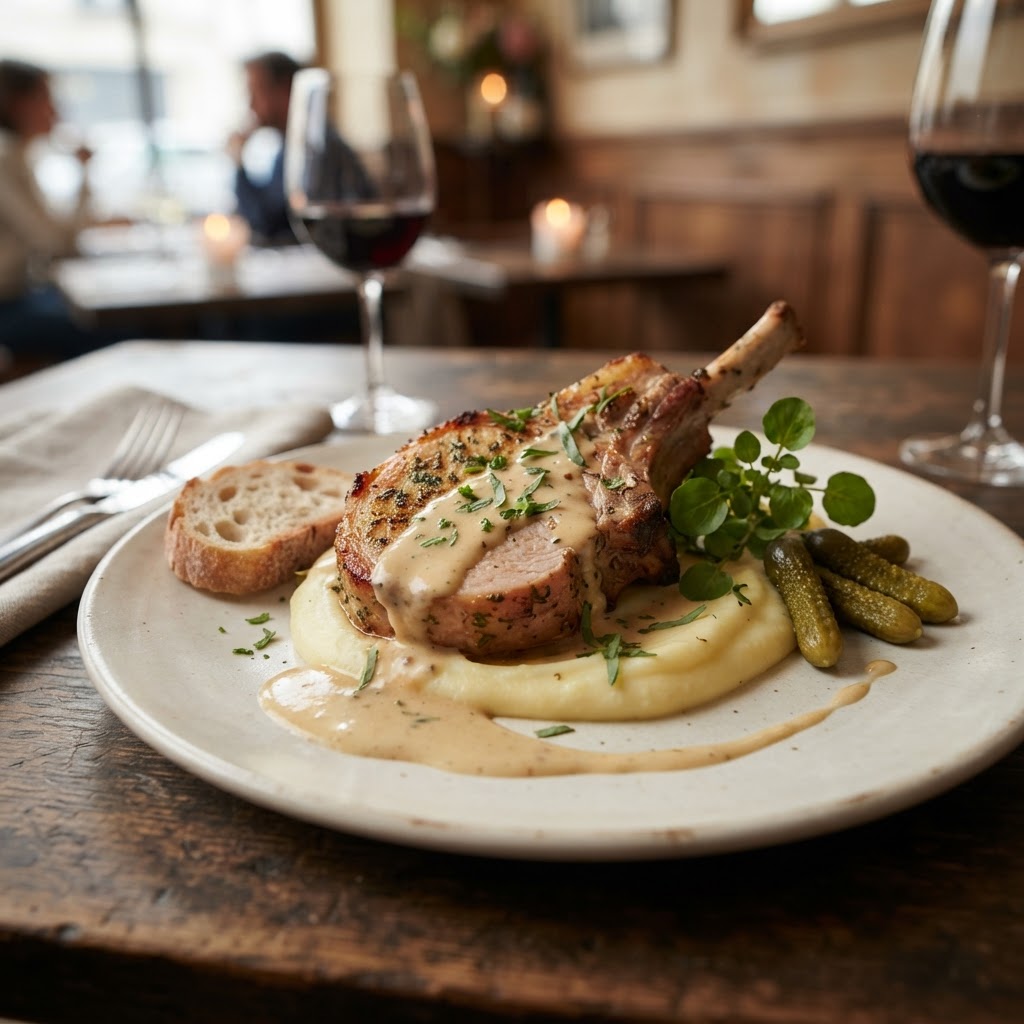 Roasted Herb-Crusted Pork Chop with Dijon-Cream Sauce