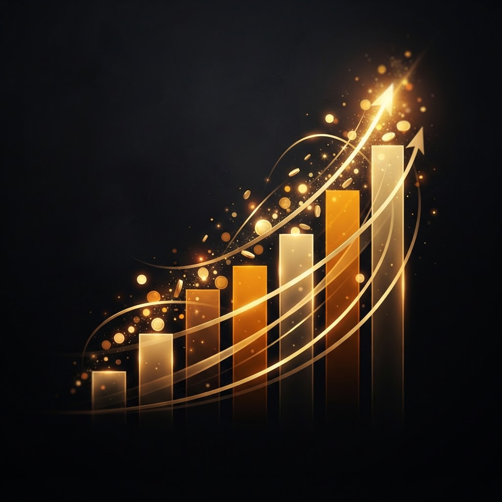 Abstract gold bars rising on black, representing fundraising growth