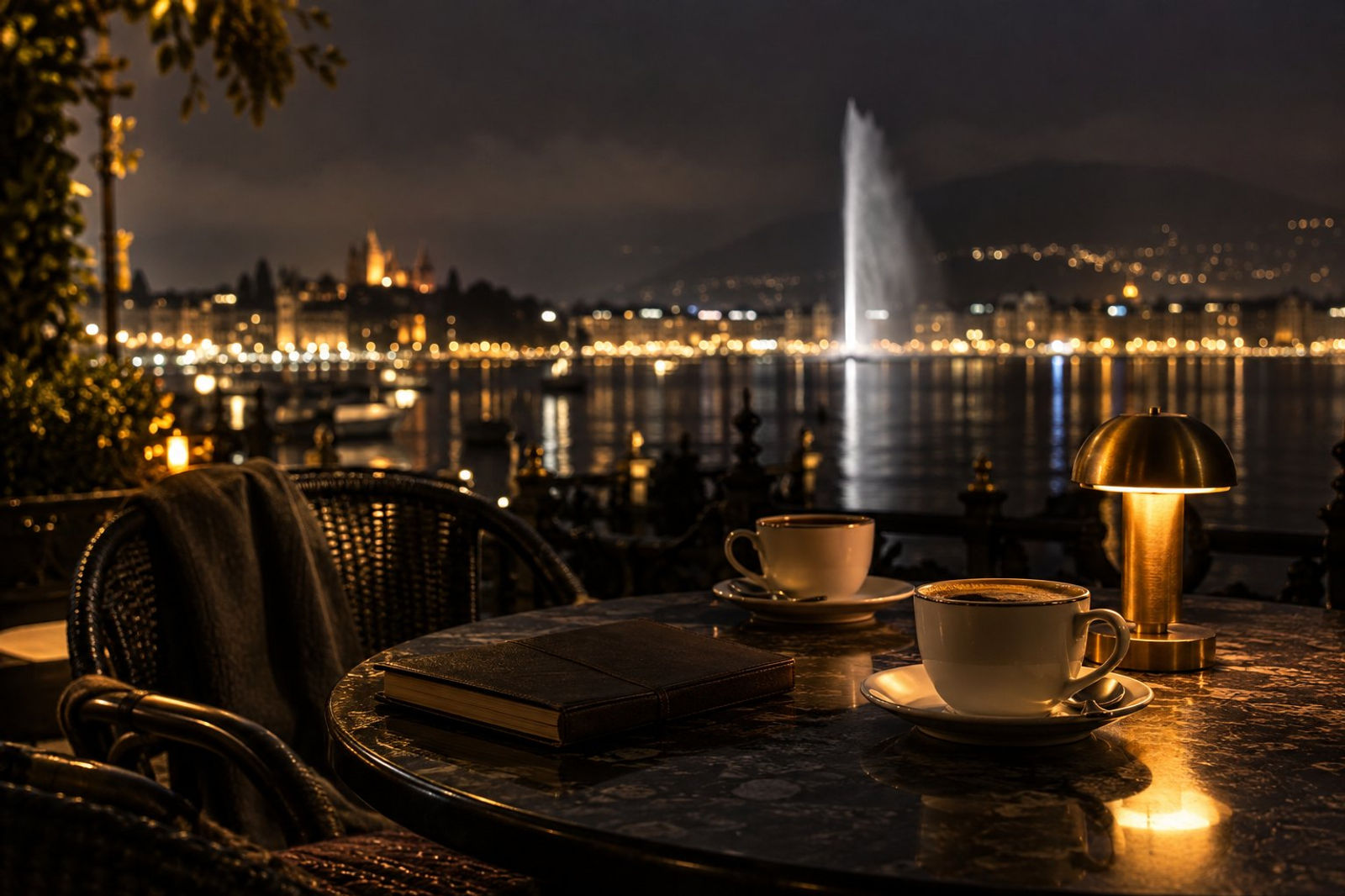 Table de café au bord du lac à Genève, la nuit