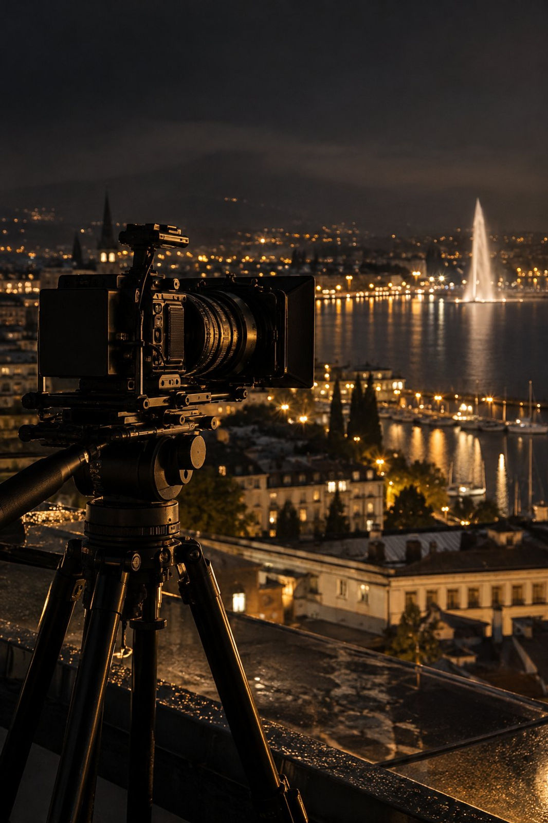 Caméra de cinéma sur un toit de Genève, face au Jet d'Eau de nuit