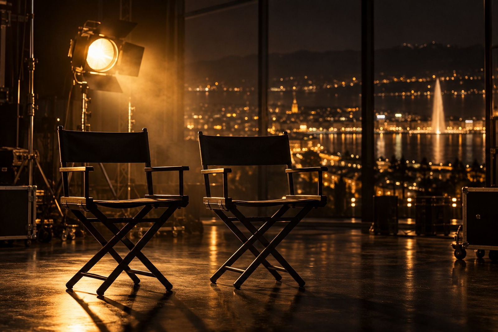 Deux fauteuils de réalisateur sur un plateau, Genève la nuit en fond