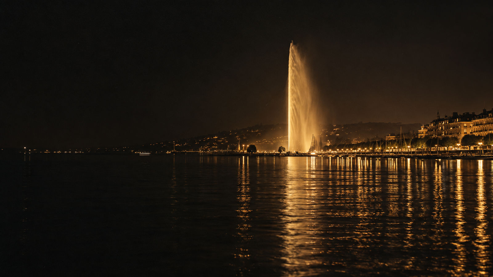 Le jet d’eau de Genève la nuit