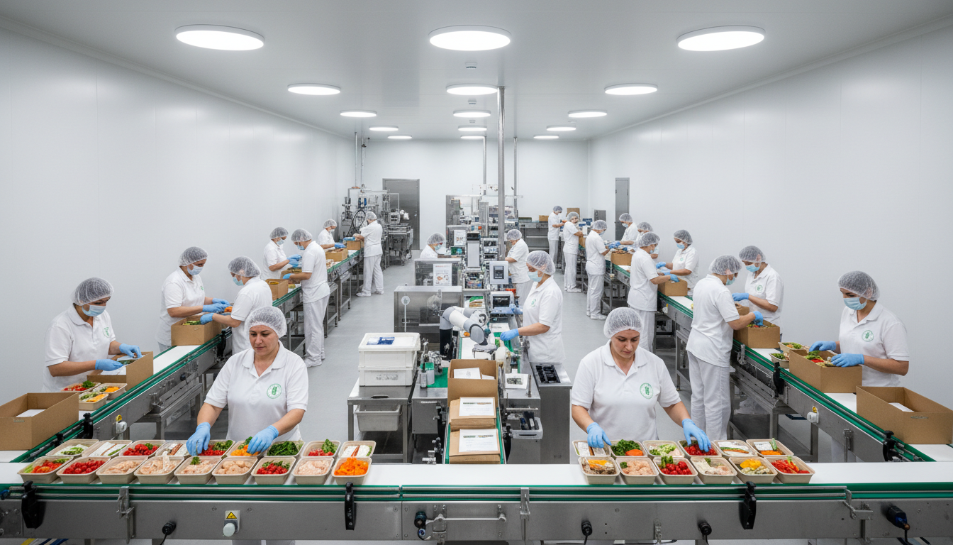 Meal kit assembly line with neatly organized food containers