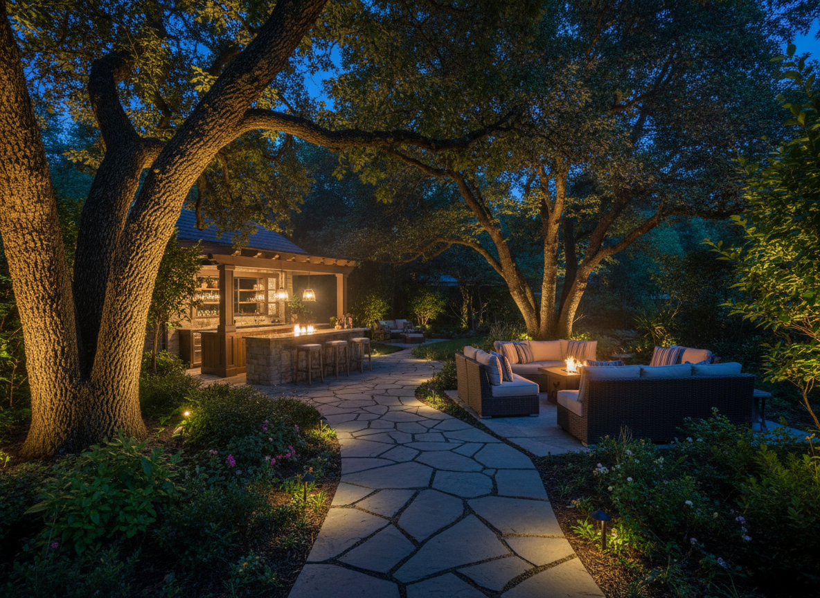 Warm golden uplights illuminating mature trees in luxury garden