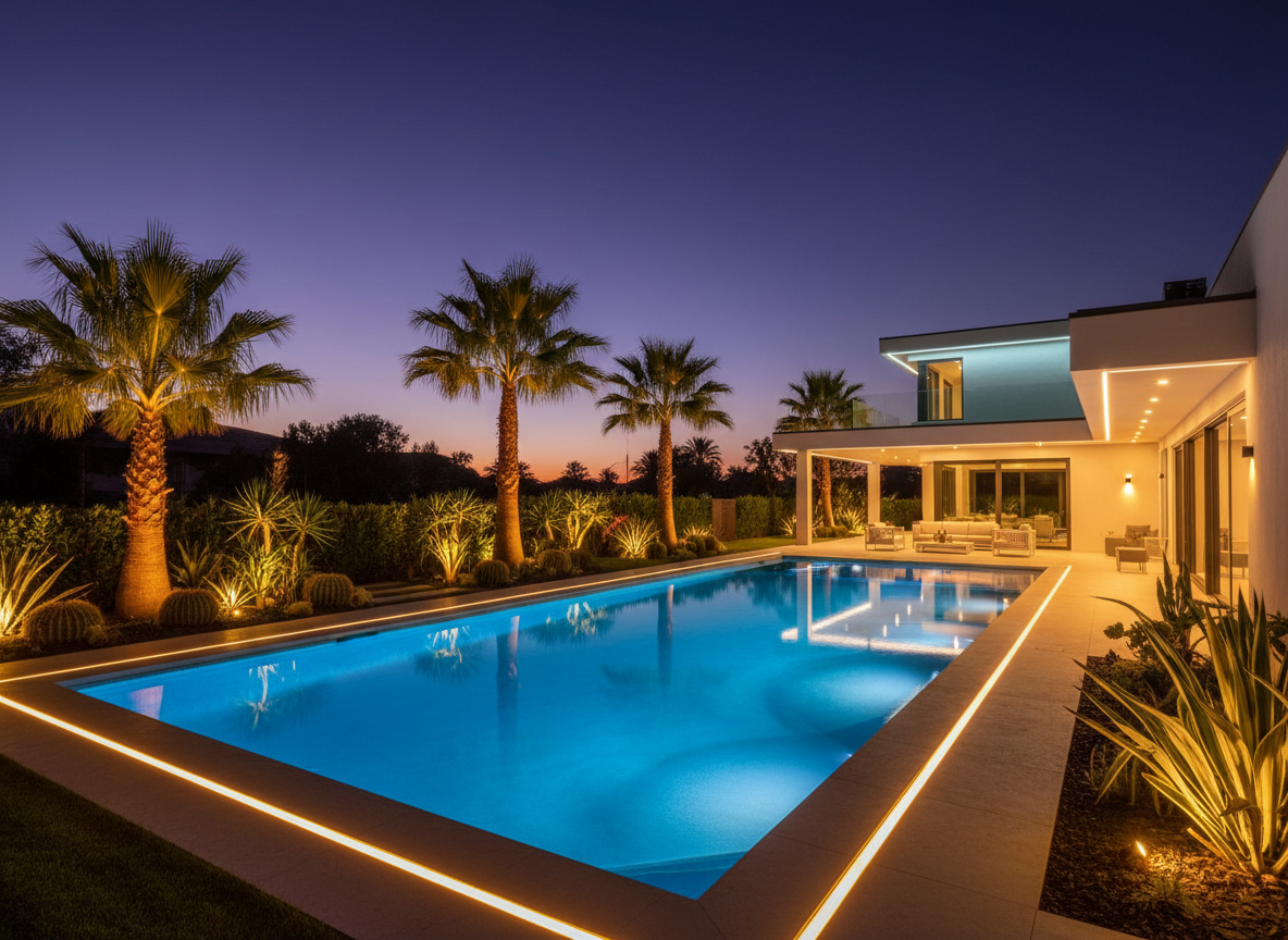 Modern luxury pool area with underwater and garden LED lighting
