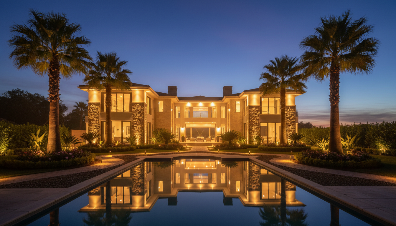 Dramatic landscape lighting illuminating luxury home at twilight