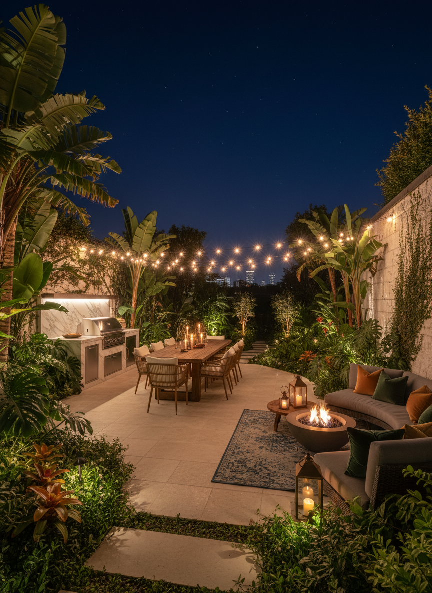 Luxurious outdoor patio with professional landscape lighting
