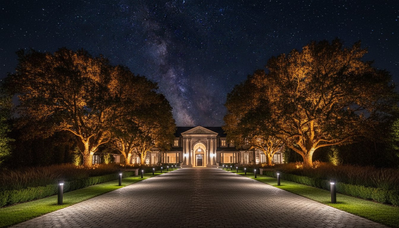 Grand estate driveway with bollard lights and architectural uplighting