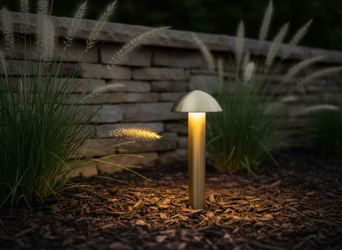 Premium brass LED fixture illuminating ornamental grasses