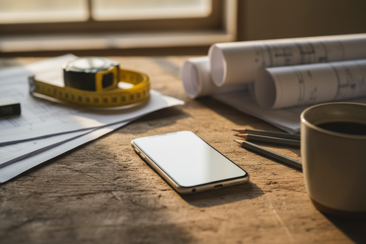 Contractor reviewing project photos on smartphone with architectural plans and construction tools on desk