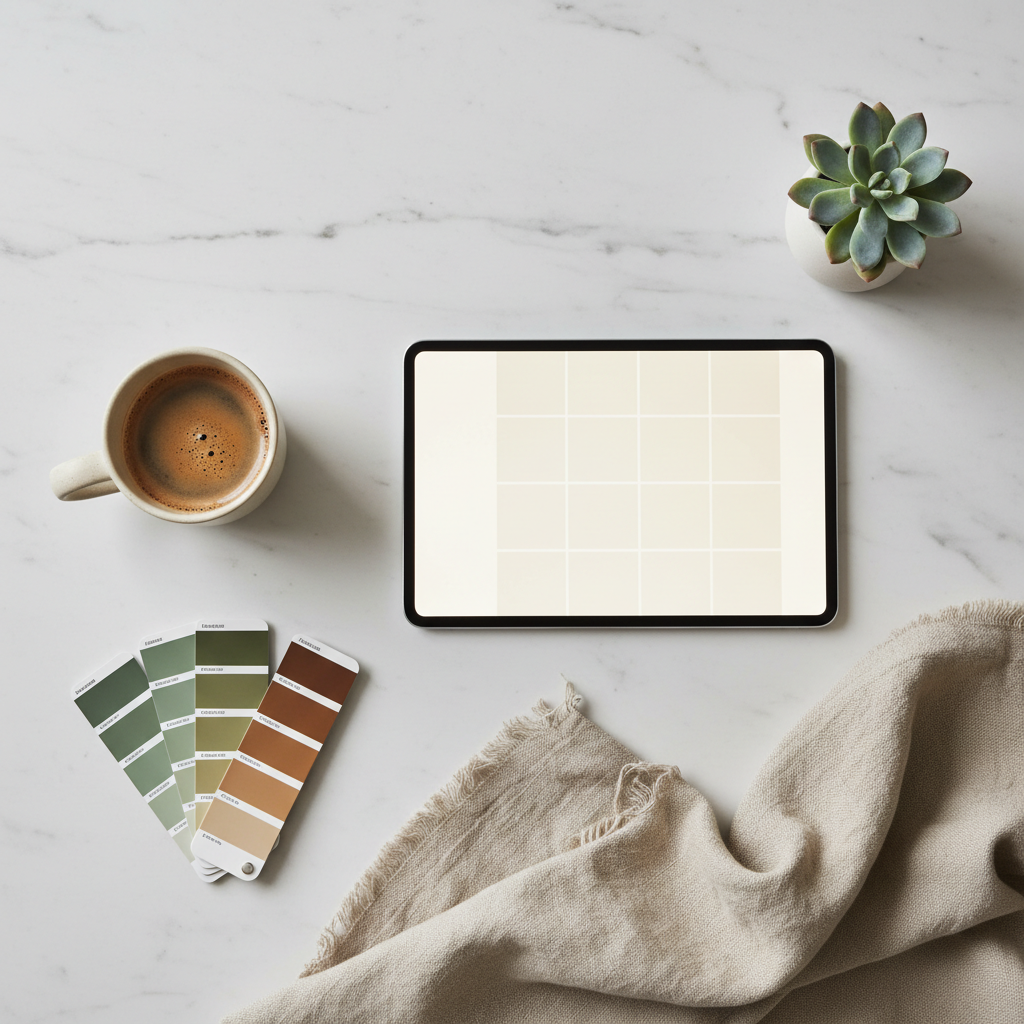 Content creator workspace with tablet and design tools
