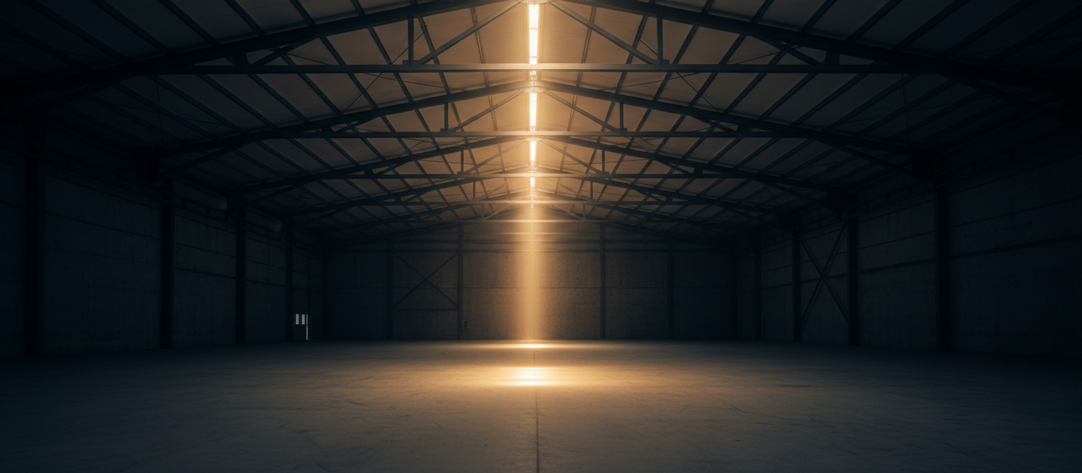Clean industrial warehouse with dramatic lighting