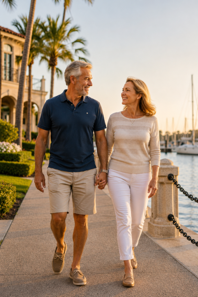 Happy couple walking together by the waterfront