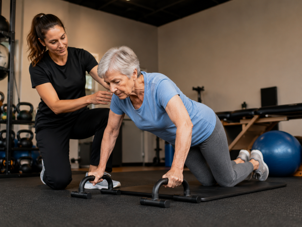 Trainer supporting older woman doing push-ups