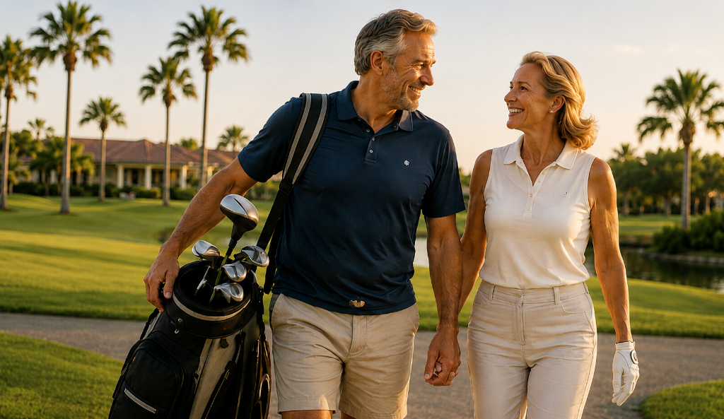 Active older couple golfing together