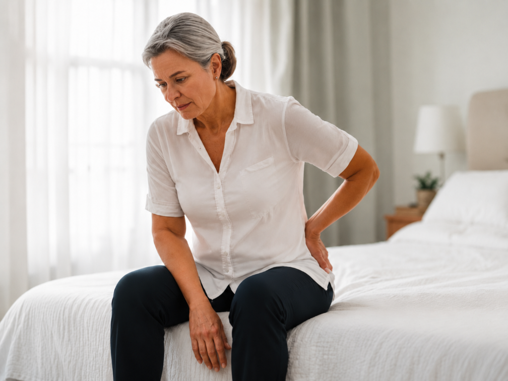 Woman experiencing back pain in bed