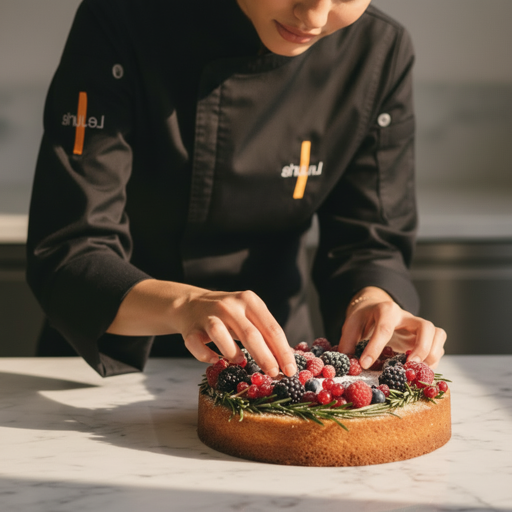 Hands decorating a cake with berries, wearing Lejuria chef jacket