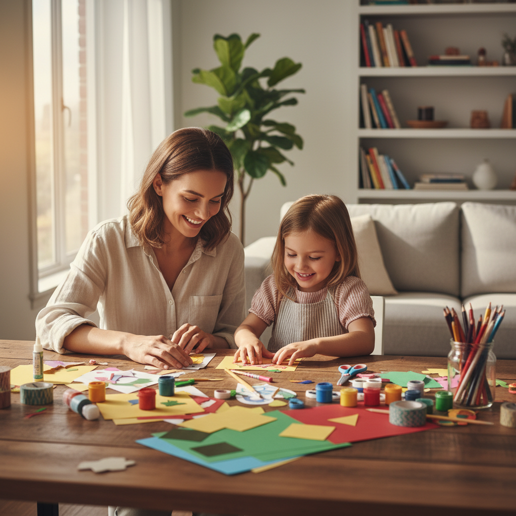 Mother and daughter crafting together at a wooden table in warm natural light