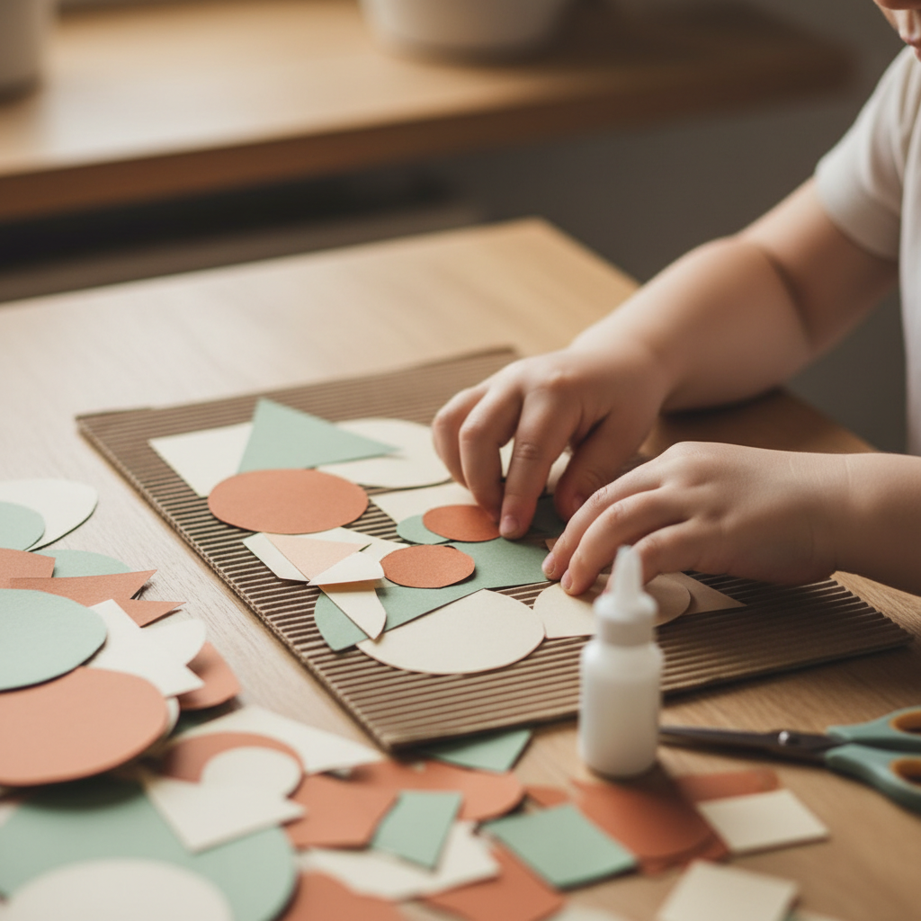 Child's hands carefully placing paper shapes onto cardboard for a craft project
